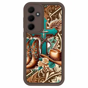 Cross Cowgirl Boots Hat Phone Case for Samsung Galaxy S26 S25 S24 S23 S22 S21 Ultra Plus FE A54 A53 A52 A36 A35 A34 A33 A17 A16 A15 A14 A13 Shockproof Drop Protection Rugged Durable Silicone Cover