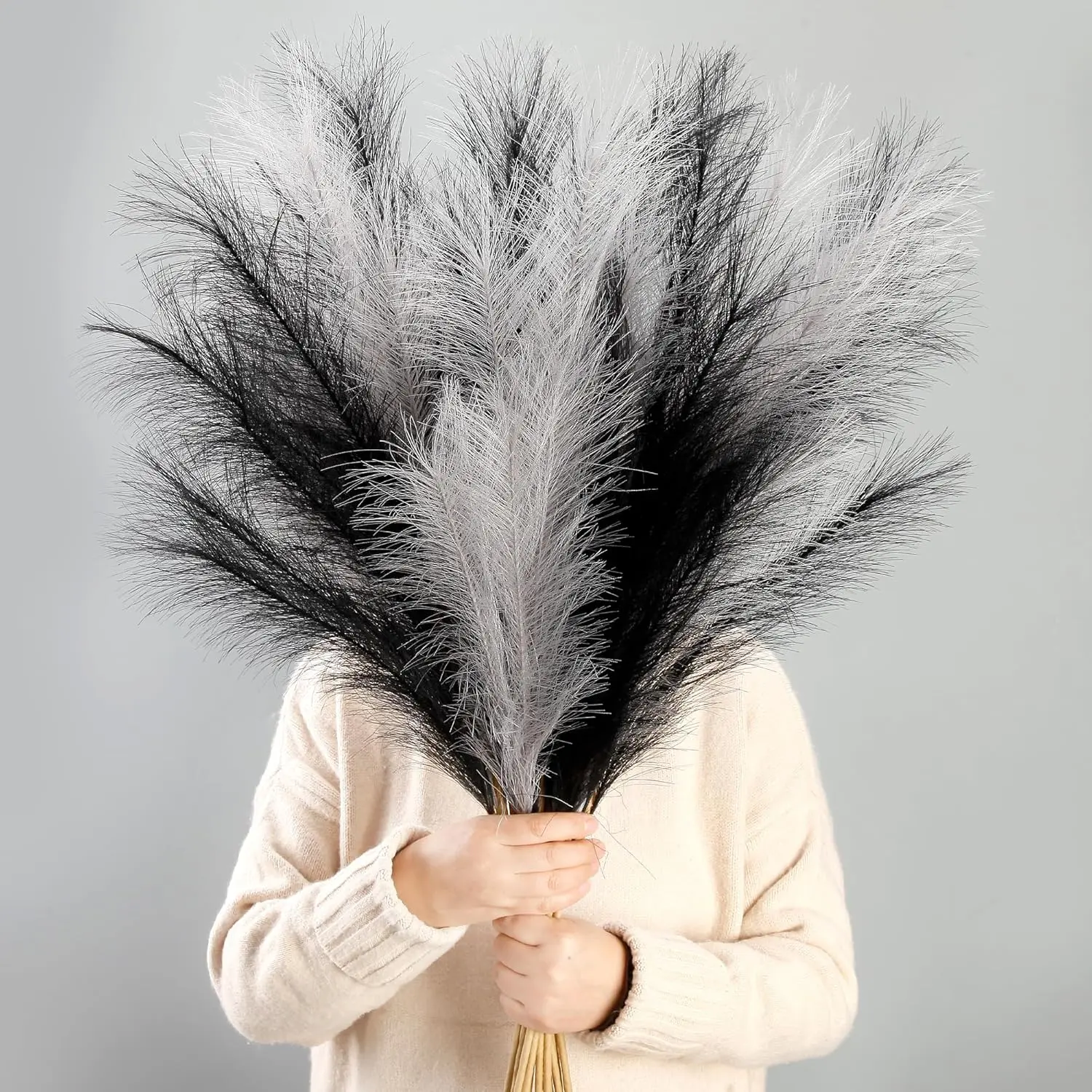 12 count Black and Gray Faux Pampas Grass Decor 38"/3.1FT Tall  Pompas Floral Large Artificial Pompous Grass Branches  for Floor Vase Filler  Boho Decoration