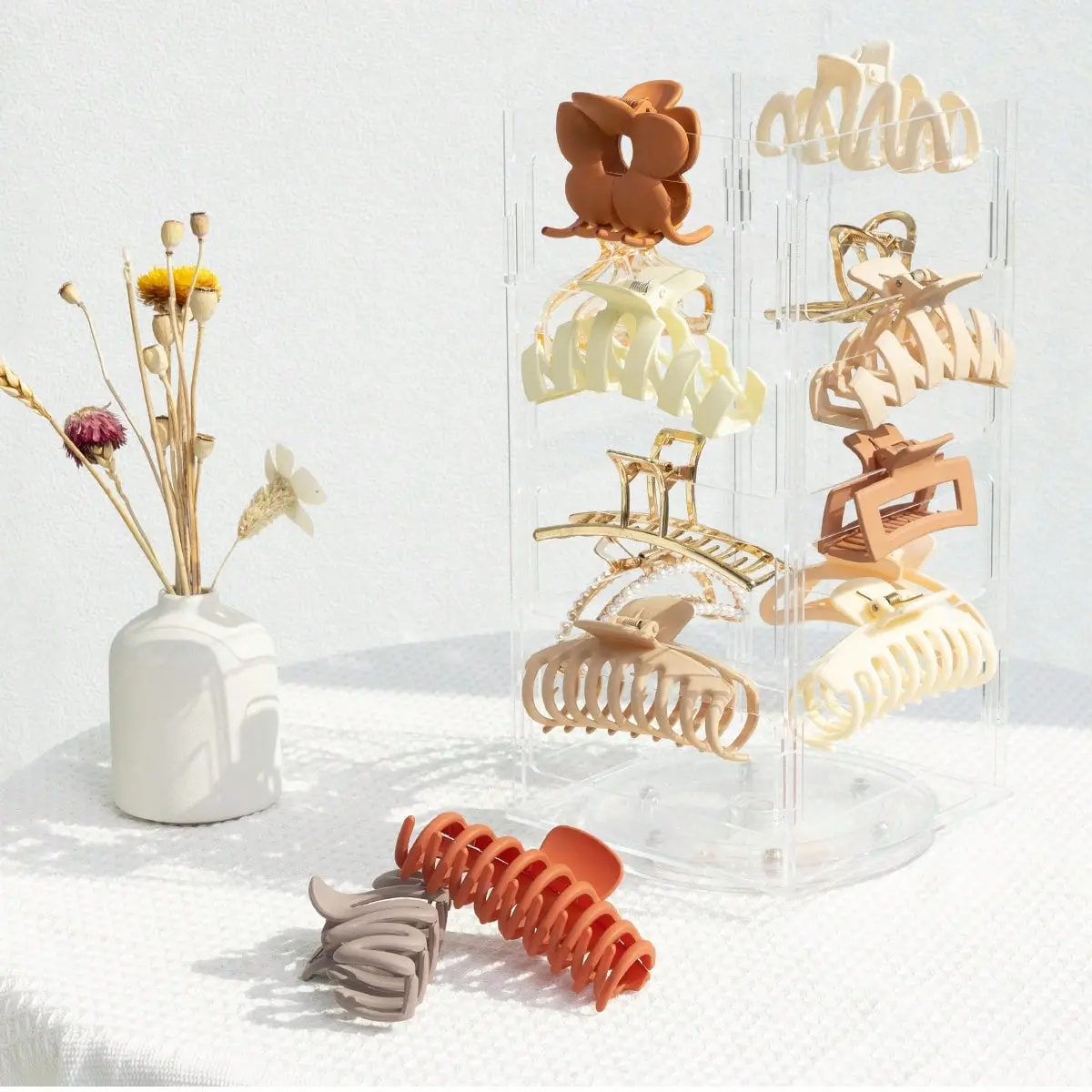 Oaoleer 1PC Acrylic Claw Clip Organizer Holder,Vertical 360-Degree Rotating Hair Clip Holder And Storage,Hair Clip Organizer Display Clear Stand For Women And Girls