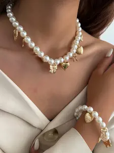Boho Faux Pearl Heart Bow Necklace Bracelet Set, Alloy Material Vintage Elegant Fashion Jewelry Set for Women, Perfect Gift for Daily Wear & Parties, Imitation Pearls