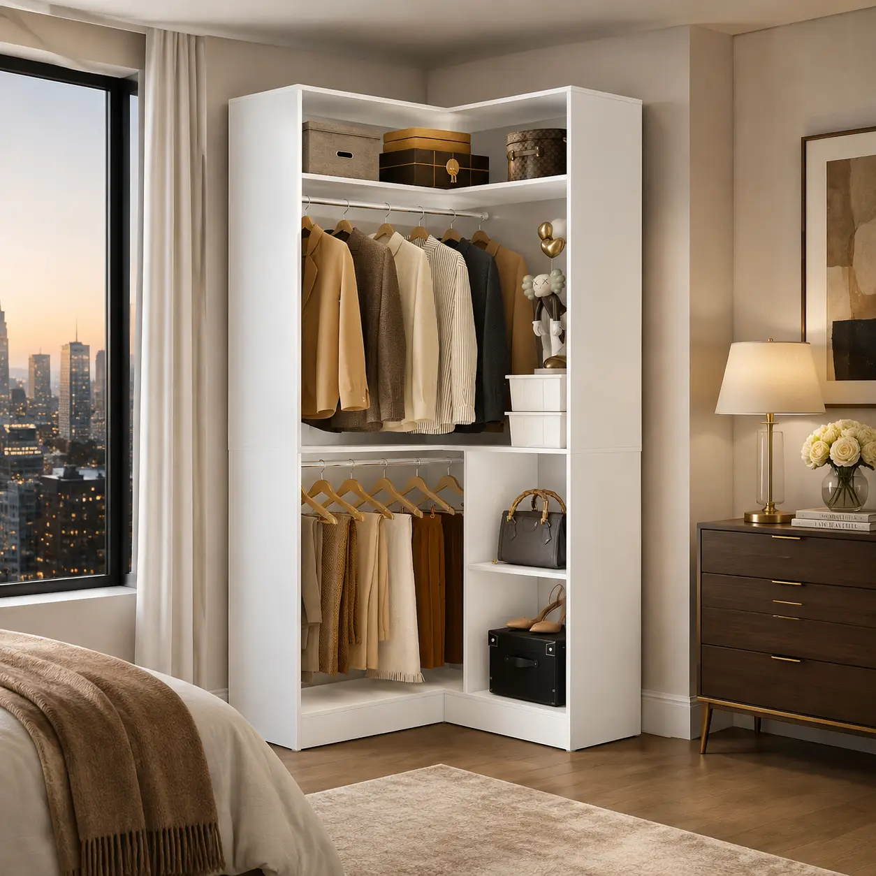 Corner Closet System with Dual Hanging Rods, Modern Freestanding Walk-in Closet Organizer Wardrobe with Shelves, 750+ LBS Capacity