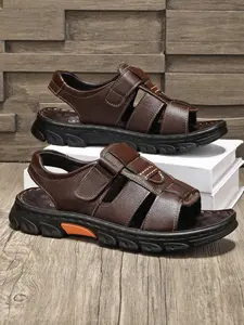 Men's Large Size Sandals Summer Casual Beach Shoes, Walking Shoes, Fashionable Anti-Slip Waterproof Velcro Slippers, Artificial Leather Medium Width