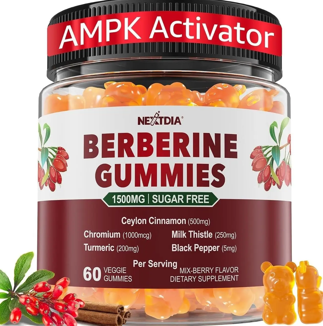 Berberine Gummies Supplement 1500mg, Natural GLP-1 Support + Ceylon Cinnamon, Chromium, Milk Thistle, Turmeric, AMPK Activator for Women & Men, Berberine HCl from Indian Barberry, Sugar Free, 60 Count