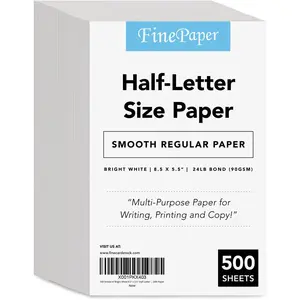 500 Sheets Bright White 8.5" x 5.5" Half Letter Size Regular 24lb Paper