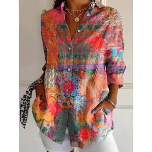 Women's Tops Elegant Vintage Floral Print Long Sleeve Shirt With Lapel And Buttons For Spring Summer