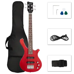36 Inch Short Scale Electric Bass Guitar Kit with Mahogany Body, Gig Bag, Strap and Cable, 4 String Red Bass for Beginners, Students, Practice and Home Recording
