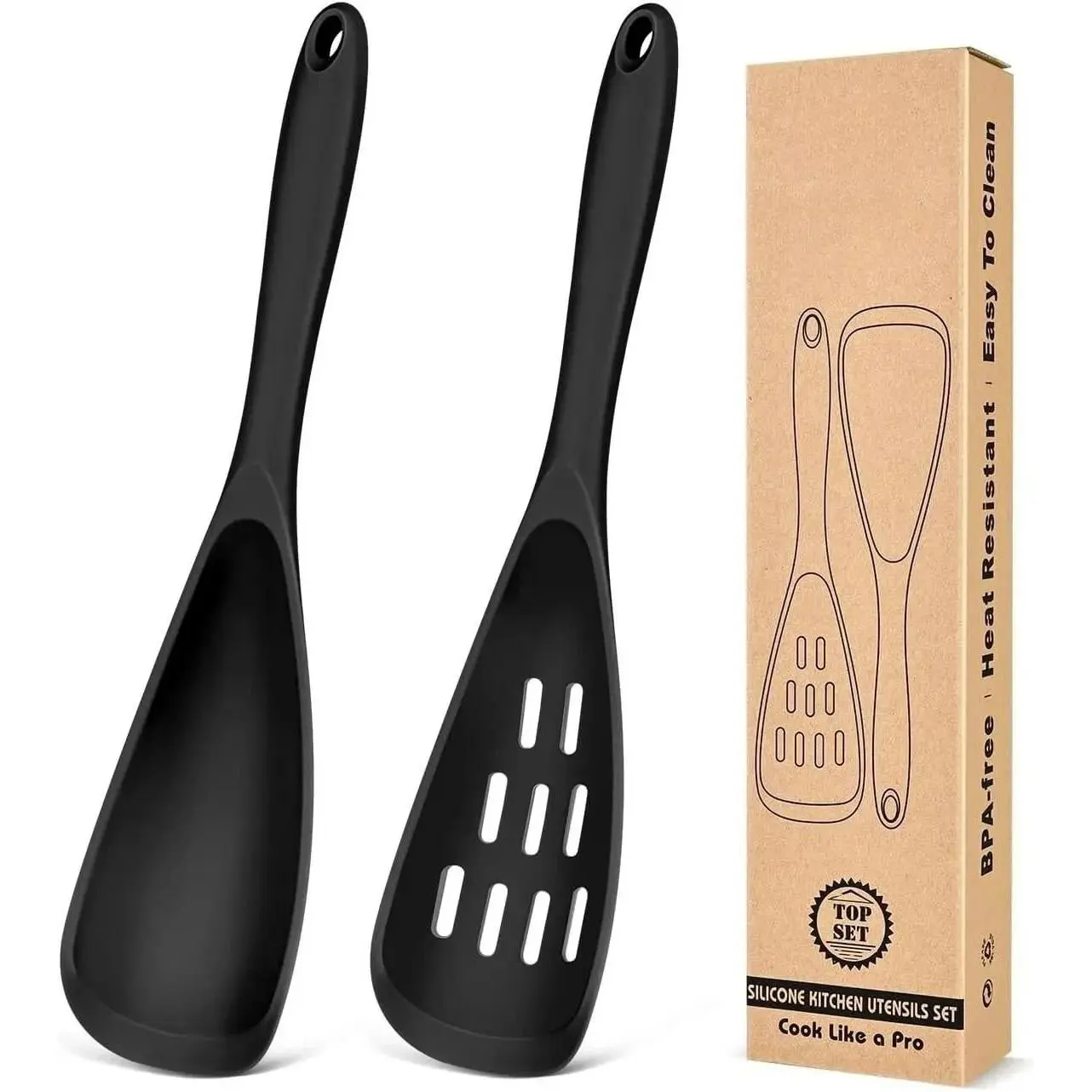 Pack of 2 Cooking Spoons for Non Stick Cookware, Multifunction Spatula Spoon BPA-Free, One-Piece Design, Suitable for Scooping, Scraping, Serving and Mixing(BLACK)