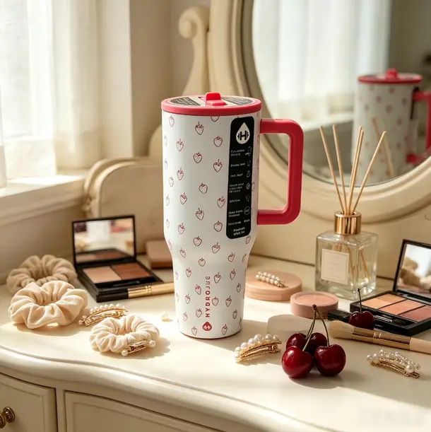 HydroJug 40oz Strawberry Print Insulated Tumbler with Red Handle & Straw Leakproof Stainless Steel Water Bottle for Gym Travel Drinkware Flasks