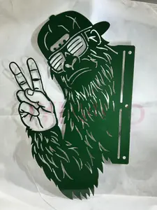 Custom Metal Cutout - Green Bearded Character with Peace Sign and Hat - Unique Wall Art Decor