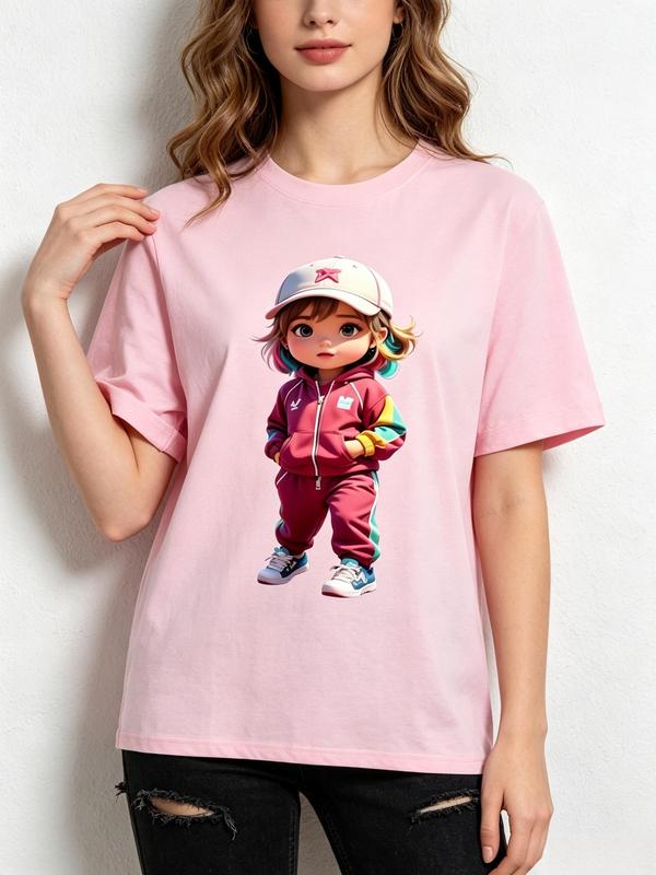 Women's Fitted Lightweight Pure Cotton Y2K TikTok Viral Streetwear Pink Crew Neck Graphic Short Sleeve Chibi Print Casual Tee - White Star Baseball Cap, Pink Zip Tracksuit, Multicolor Cuffs Sneakers, Sohochic