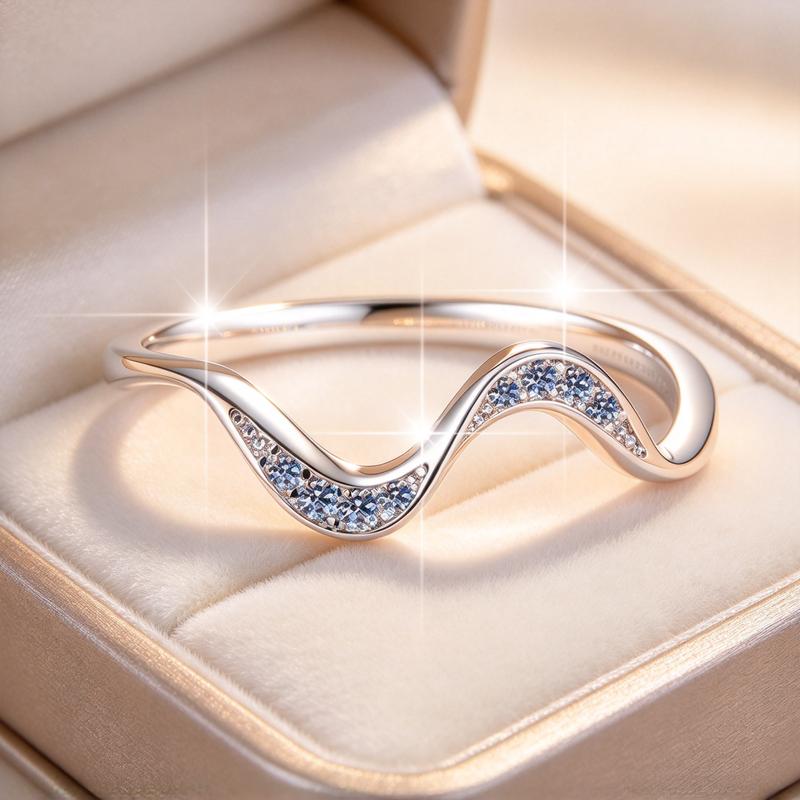 Women’s Elegant Wave Design Stackable Ring, Sparkly Paved Stone Twisted Curved Band Ring for Casual and Formal Occasions, Valentine Christmas Anniversary Gift
