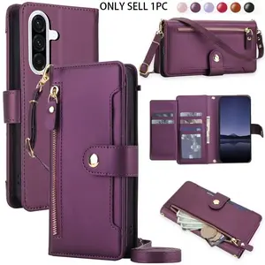 Crossbody Flip Phone Case Compatible with for for Galaxy S26 S25 Edge, S24, S23, S22, S21 FE Ultra Plus, Featuring PU Faux Leather, Wallet with Zipper, Card Slots, RFID Blocking, And a Wrist Strap.