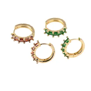 14K Gold Plated Stone Huggie Hoop Earrings Luxury Shine with Green and Red Stones