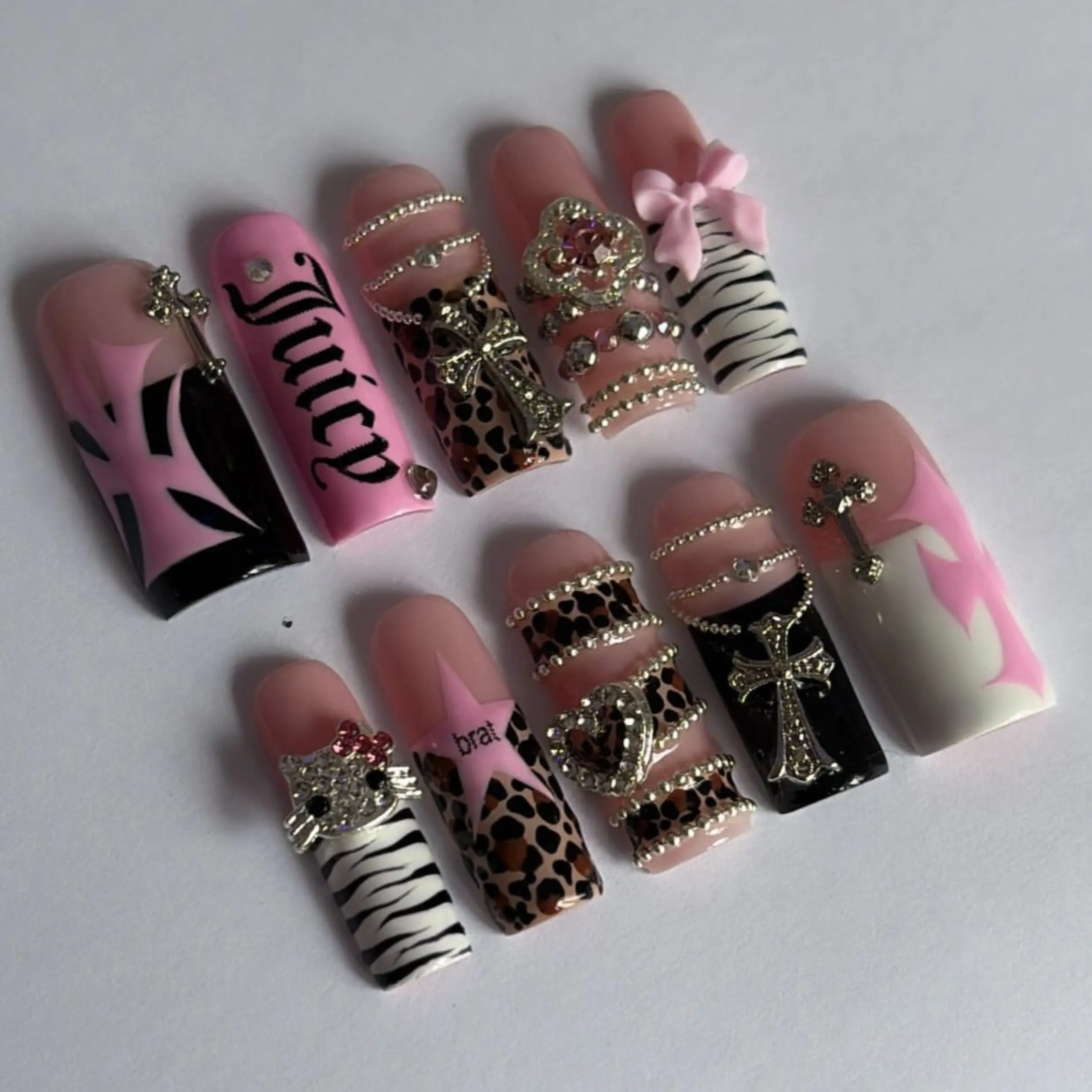 Pink Y2K Brat Press On Nails, Leopard Print Zebra Nails, Rhinestone Cross Charm Nails, Coquette Glam Fake Nail Set
