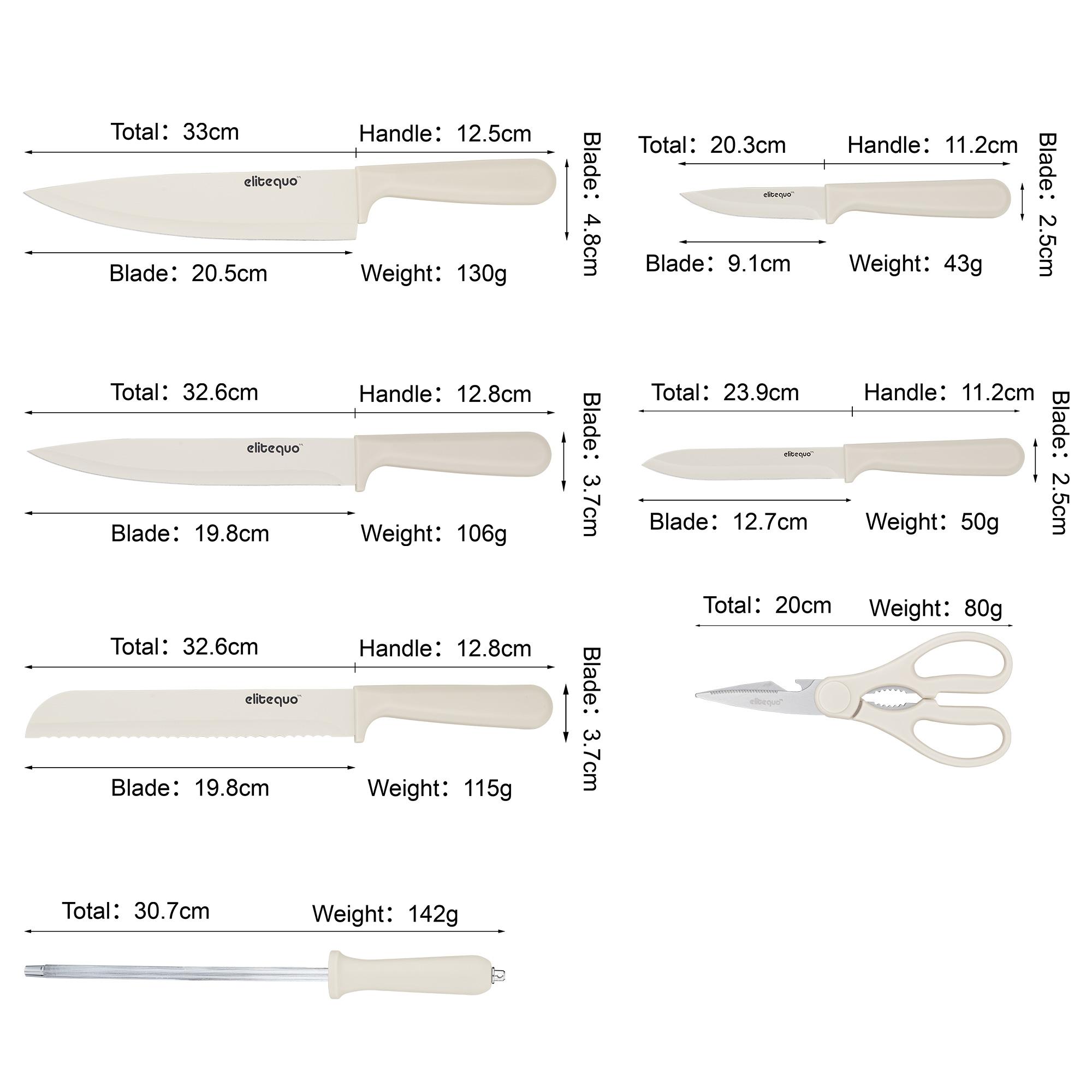 ELITEQUO 8-PCS Kitchen Knife Set With Block - Professional High Carbon Stainless Steel with Sharpening Rod & Kitchen Scissors