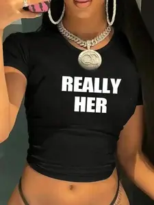New Model Women's "Really Her" Letter Print Round Neck Crop Fit Tee, Casual Short Sleeve Crew T-shirt for Summer Graphic Tees Streetwear Tops Women T-Shirts Womenswear, Basic, Versatile, Comfort, Wear