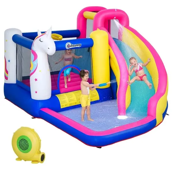 Outsunny 5-in-1 Oxford Fabric Inflatable Bounce House, Unicorn Theme Multi-Activity Playground for Ages 3-8 with Trampoline, Pool, Climbing Wall, Included Air Blower for Outdoor Play
