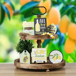 Lemon Theme Wooden Tiered Tray Decoration Set, 10pcs/set Lemon Themed Wooden Ornament, Home Decor for Kitchen, Farmhouse Centerpiece Decoration