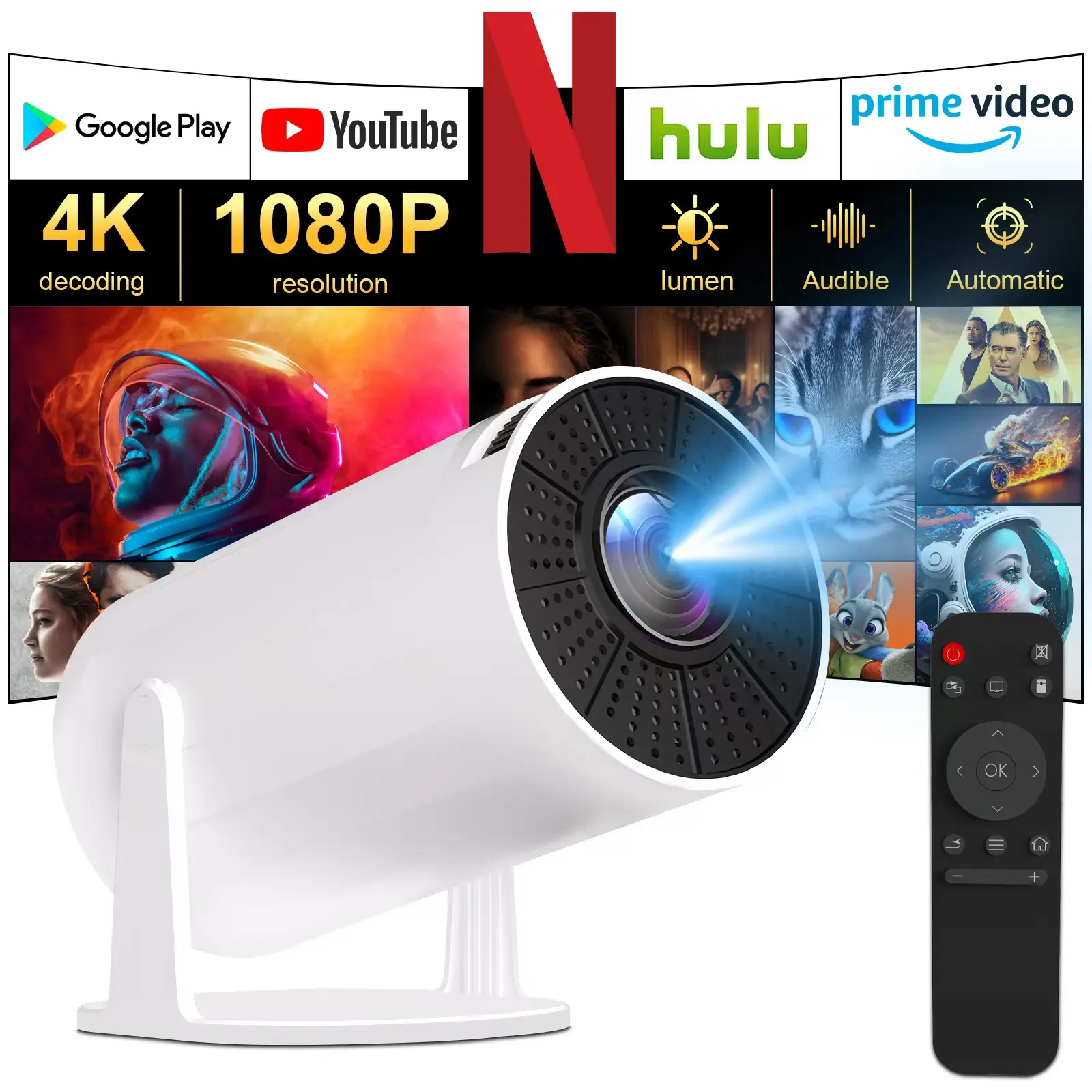 Mini Portable Projector: Wifi, BT5, 4K Support, Auto Keystone, Pneumatic Mouse Remote, dual-band WiFi6, Chargeable, Upgraded White Cable Audio window  projector