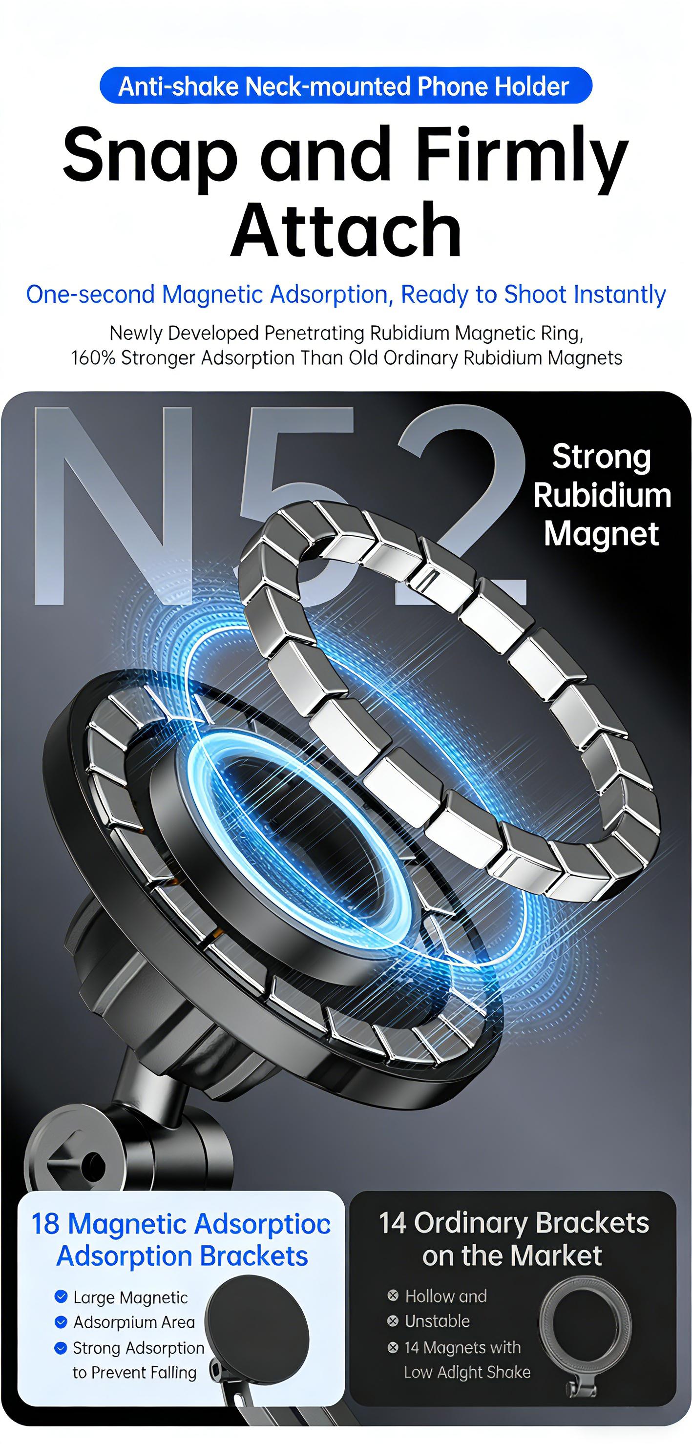 Magnetic Neck Mount Phone stand, Hands-Free Neck Strap Mount with Anti-Shake Stabilizer, 360° Rotatable POV Chest Harness for Vlogging, Running, TikTok & YouTube