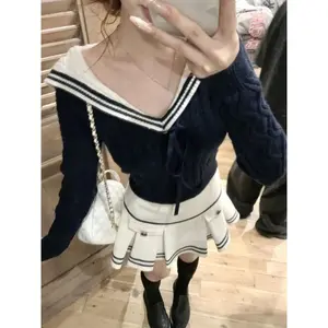 Sweet Elegant Preppy Style 2 Piece Set Women Navy Collar Knitted Sweater Tops + Slim Skirt Retro Chic Korean Popular Clothes