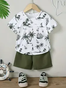 Boys Summer Beach Element Print Round Neck Short Sleeve T-Shirt + Solid Color Shorts Two-Piece Set, Beach Activities Casual Kids Clothing