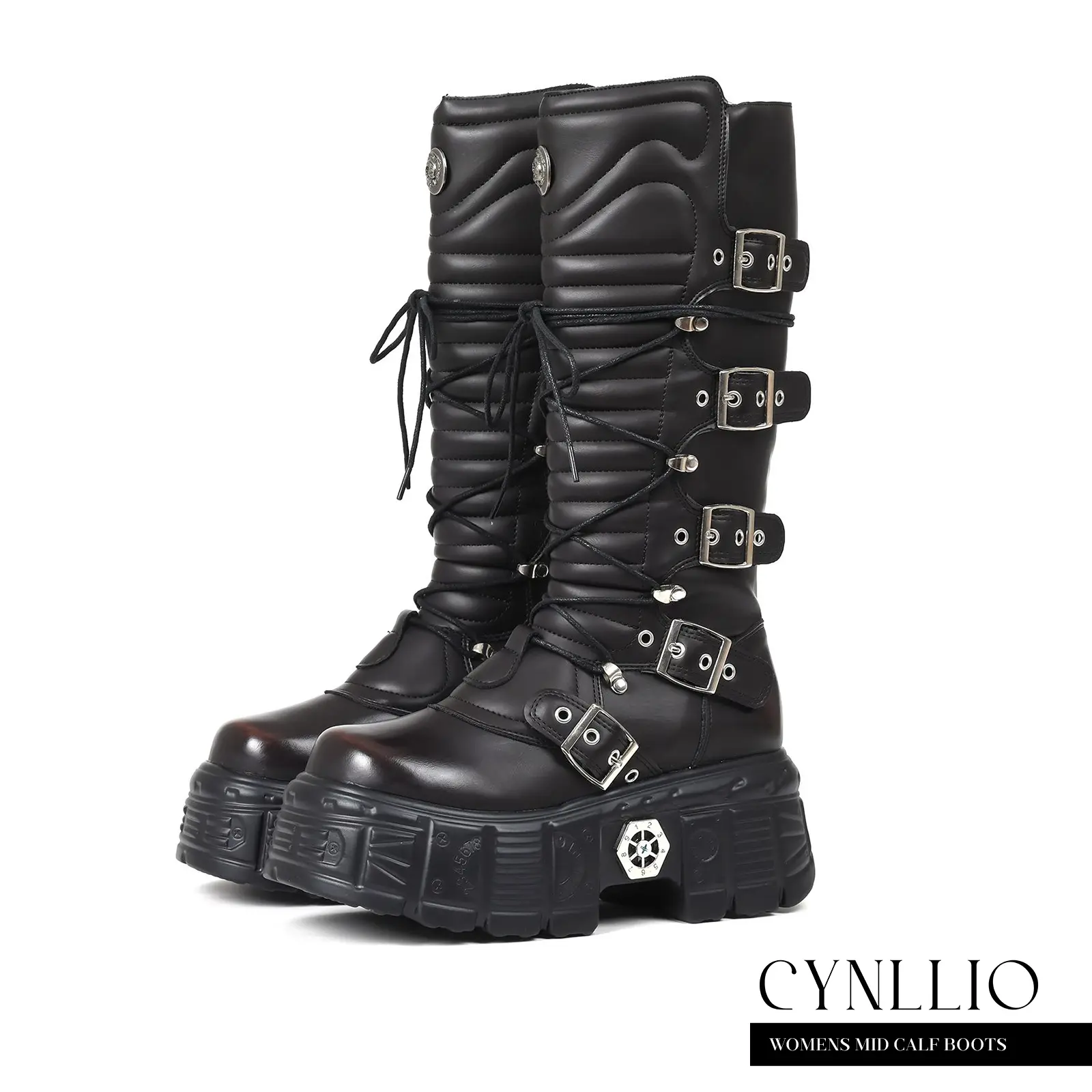 Mid Calf Boots For Womens Platform Heels Rounded Toe Goth Combat Boot Fashionable Rock Metal Dark Punk Style Motorcycle Boots Lace-Up Buckle Design Side Zipper Flatform Outing Concert Festival Motorcycle Ride Autumn Fall Winter Shoes