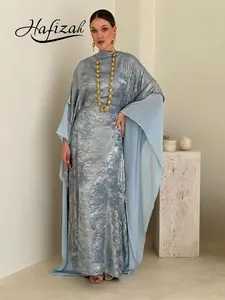 Hafizah Colorblock Sheer Sleeve Velvet Robe, Flowy Waist Cinched Long Dress, Elegant Party Gown for All Seasons, Loose-Fitting Outerwear, Womenswear