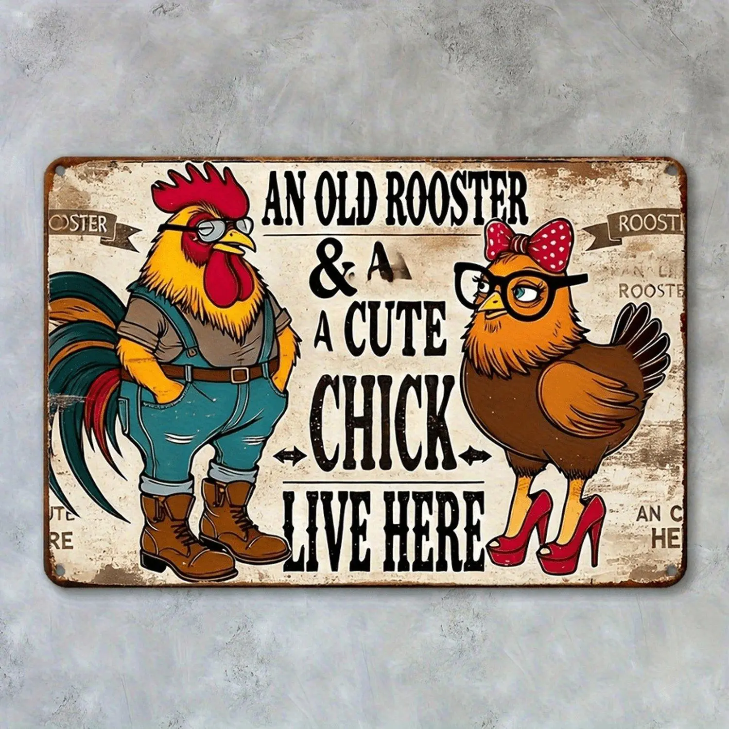 Prints 2D Flat 1pc of Holiday Featuring a Rooster And Chick Metal for Mounting Ideal for Retro Room Decorative Vintage Style Wall Art