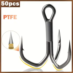 Set of 50 Fishing Treble Hooks, 3 Times Stronger, Featuring PTFE Coating.Ideal for Professional Use with Triple Hooks for Lures And Baits, Suitable for Both Saltwater And Freshwater Fishing in Sizes 2, 4, 6, 8, And 10