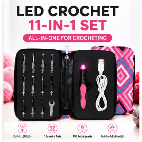 LED Crochet Hook Set with Light, 11-in-1 Rechargeable Crochet Kit, Easy to Use Ergonomic Hooks for Smooth Crocheting Anytime