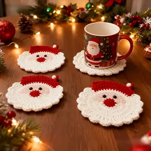 4pcs Handmade Crochet Santa Claus Coasters - Festive Red and White Decoration, Durable Fabric Drink Tray, Holiday Table Setting, Unique Christmas Gift, Christams Wreath, Seasonal Tableware, Made with Love Suitable for All Four Seasons