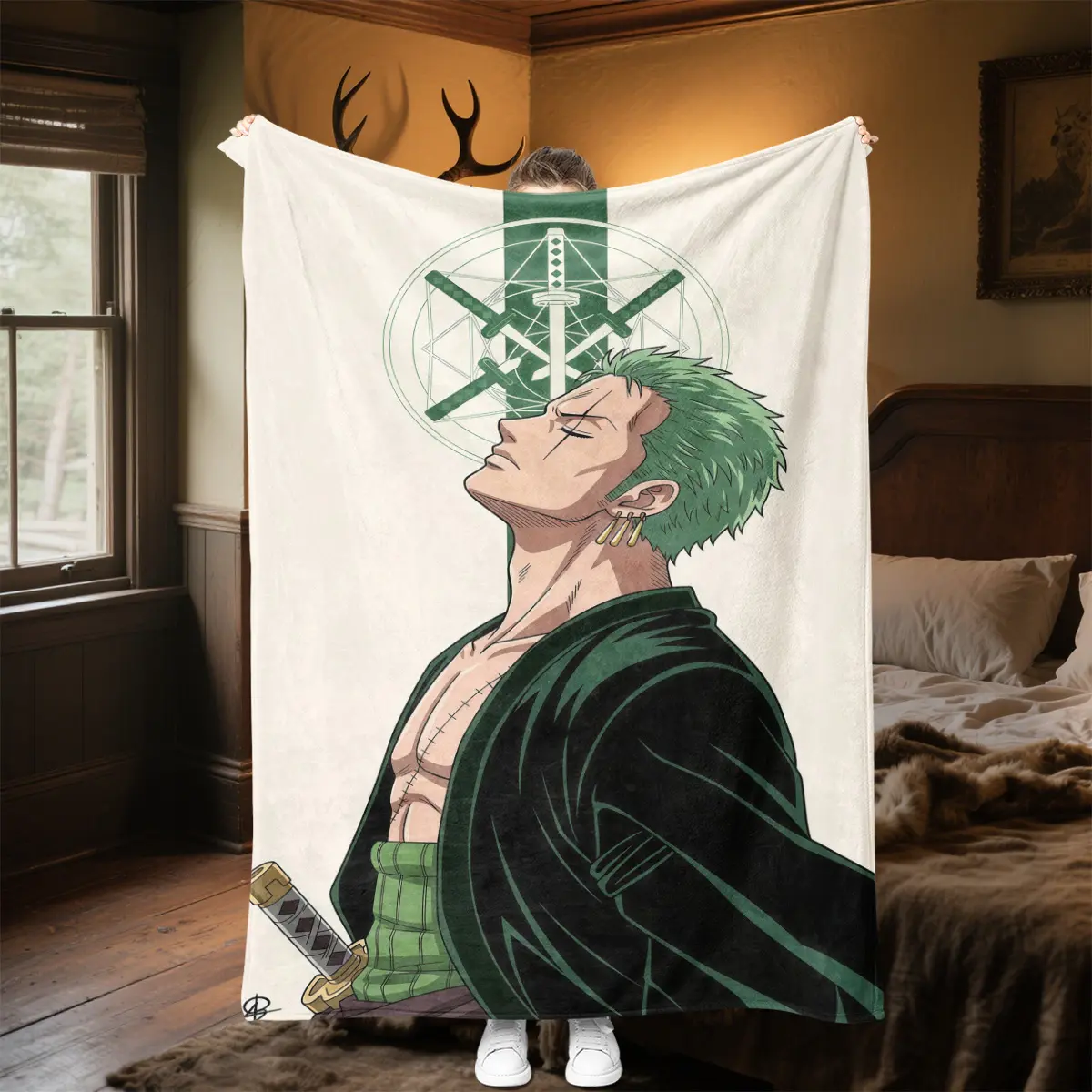 Roronoa Zoro Print Soft Flannel Microfibre Blanket - Wrinkle Resistant, Breathable, Durable, Glam Bedding Throw, Machine Washable, Multi-Season Use for Living Rooms, Gift Giving