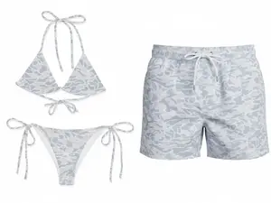 Matching Duck Camo Swimwear Set for Couples -Swim Bra & Tie Side Thong Bikini + Men's Beach Shorts, Summer Vacation