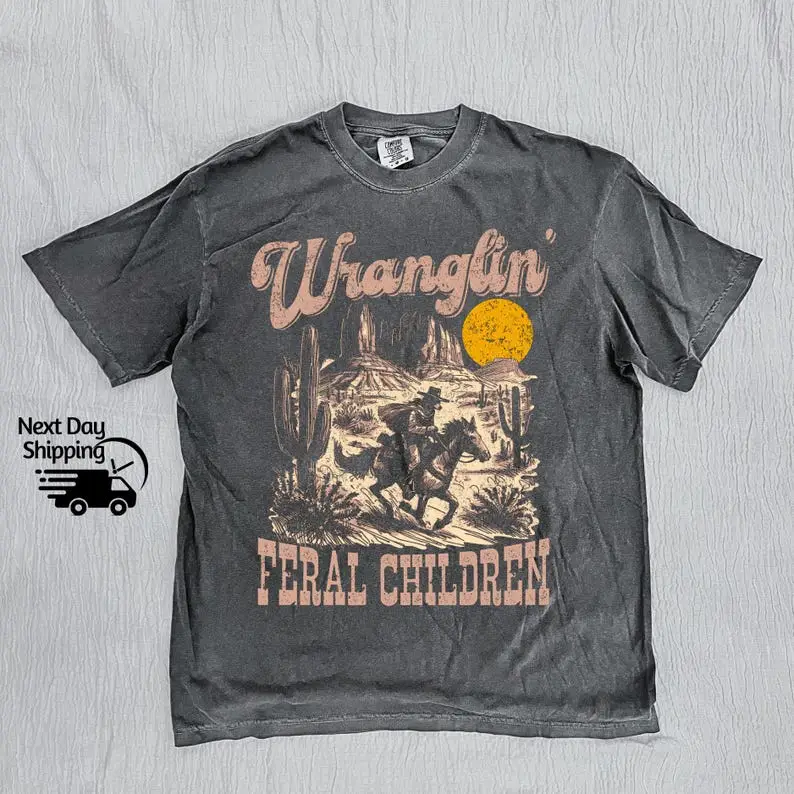 Retro Wranglin' Feral Children Raccoon 90s Western Graphic Shirt, Vintage Western Raccoon Dessert Tee, Cool Teenager Gift, Women Gift Tee