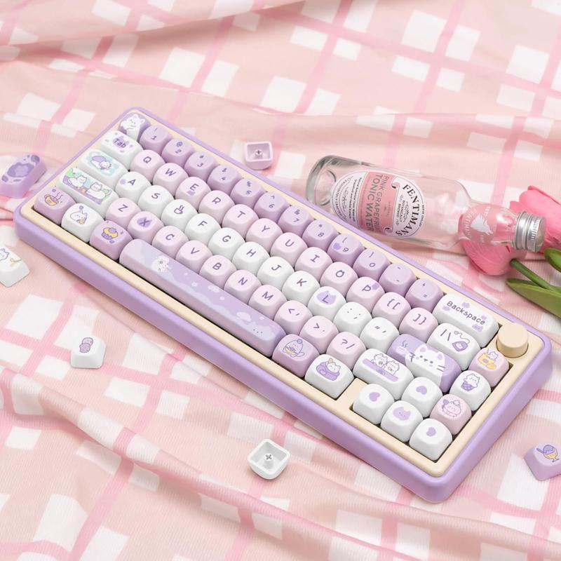 COOMICKEY PBT Keycaps MOA Profile 132 Keys Dye Sublimation Purple Cute Cat Customized Set for ANSI Cherry MX Switches Mechanical Keyboards with Keycap Puller