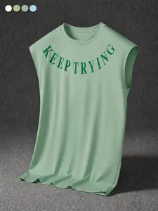 Men’s mint green sleeveless tank top featuring a “KEEP TRYING” letter print, breathable fabric, relaxed fit—perfect for fitness training, jogging, and everyday streetwear.
