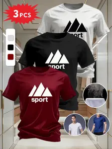 3-Pack Men's Casual Printed Short Sleeve T-Shirts, Breathable Sporty Fitted Tops, Trendy Streetwear Long-Sleeve Tee