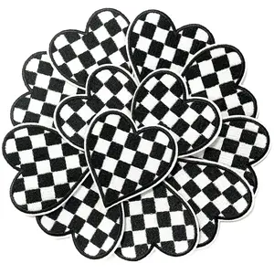 12Pcs Iron On Patches Heart Chrome Checkerboard Embroidery Appliques DIY Decoration Fashion Accessories for Jeans Jackets Hats Clothing Backpacks