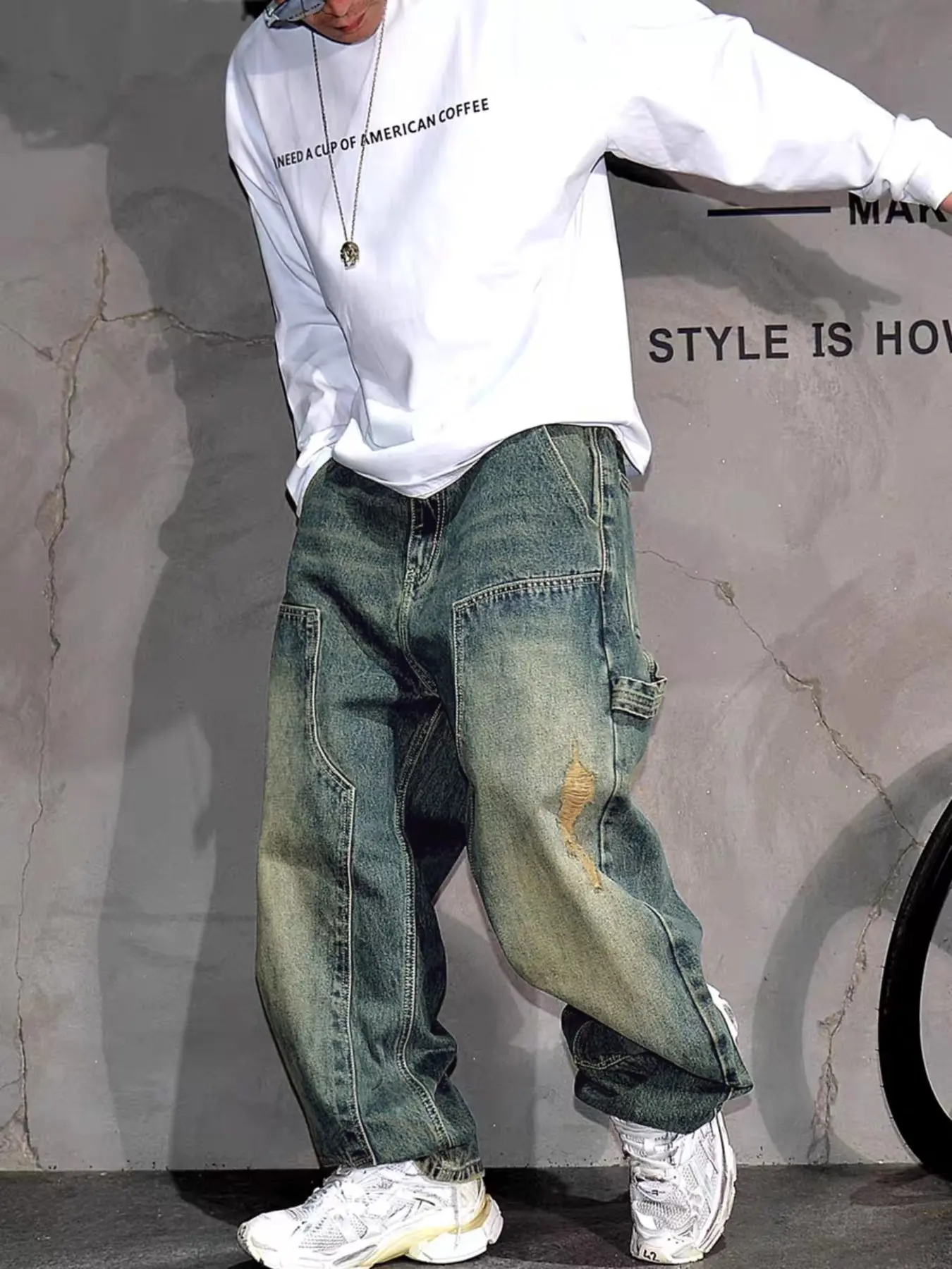 Men's Y2K Streetwear Washed Patchwork Distressed Denim Pocket Jeans, Loose Fit Casual Slimming Trendy Straight Leg Wide Leg Jeans, Ripped Casual Jeans