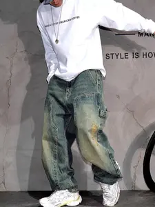 Men's Y2K Washed Patchwork Distressed Denim Jeans, Loose Fit Casual Slimming Trendy Straight Leg Wide Leg Denim Cargo Jeans