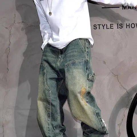 Men's Y2K Streetwear Washed Patchwork Distressed Denim Pocket Jeans, Patched Ripped Jeans, Loose Fit Casual Slimming Trendy Straight Leg Wide Leg Jeans, Ripped Casual Jeans