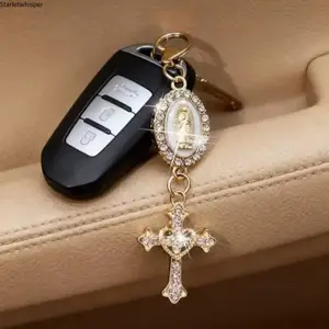 Christian Cross Pearl Diamond Charm Keychain, Religious Bag Charm Pendant for Backpack Wallet, Versatile Decor Accessory for Earphone Case, Car Luggage & Spiritual Holiday Gift