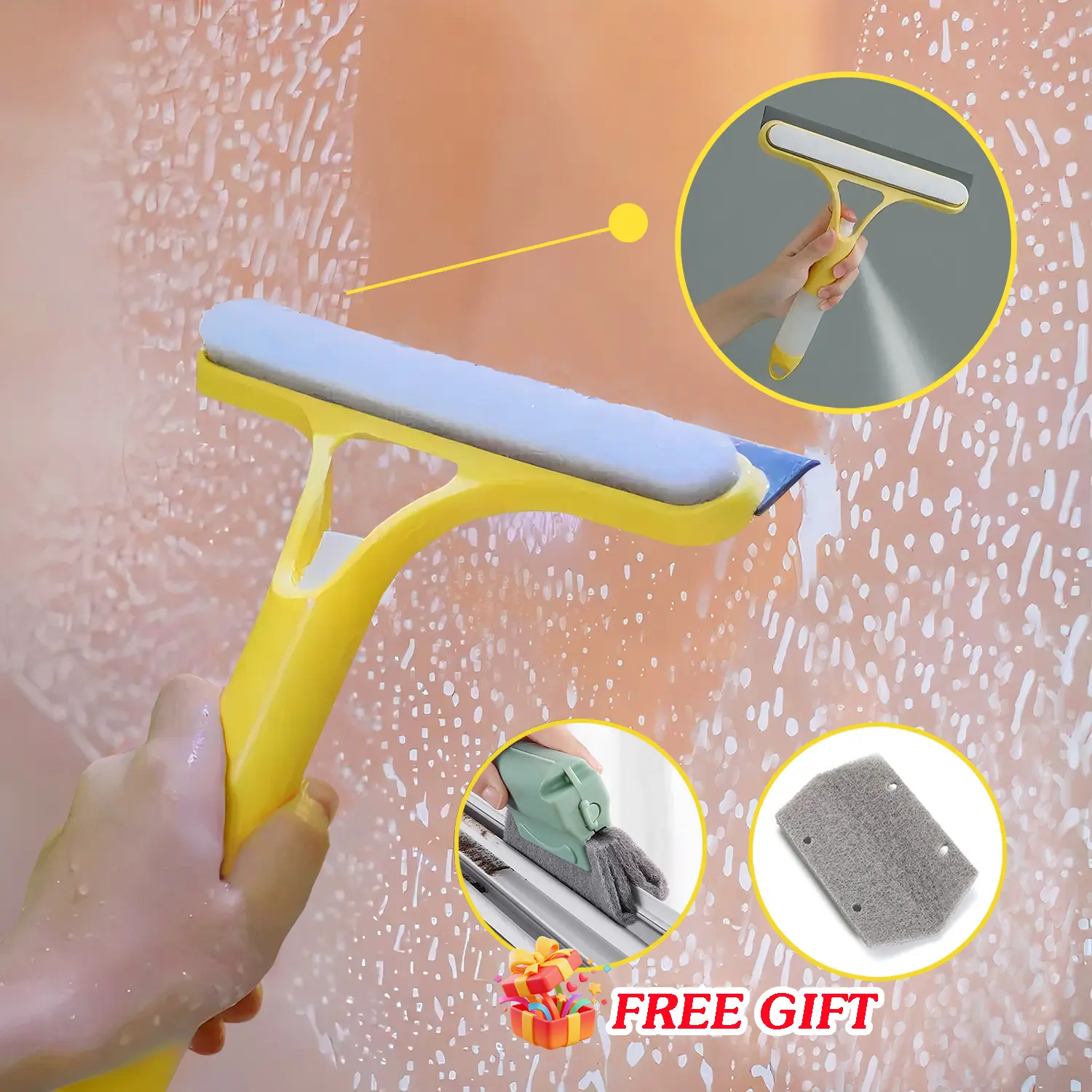 3-in-1 Durable Plastic Window Cleaning Kit with Squeegee Drying - Soft Scrubber Squeegees, Spray Function, Crack Brush, Silicone Microfiber Cloth, Glass Sponge, Soap, Lightweight for Household Windows, Car Windshields,summerwins