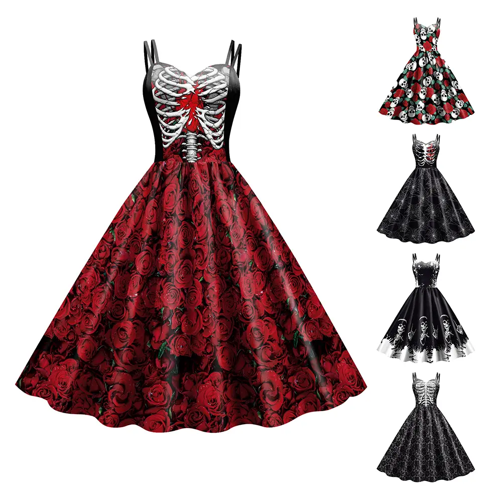 open lace back dress Hell Bunny Calavera Day of the Dead Flower Sugar Skull Flare Party Dre –  Skelapparel main image 1