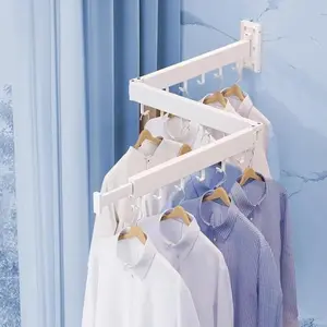 Wall-Mounted Retractable Clothes Drying Rack| Collapsible Tri-Fold Design| White Color (Ring Style) Laundry Stainless Steel Thick Installation Plastic Hangable Black