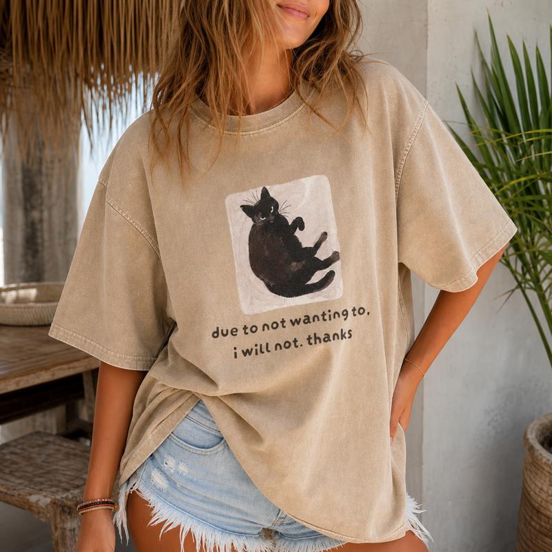 Black Cat Boundary Humor Graphic Tee for Women, Washed Cotton Oversized Introvert Shirt S-5XL