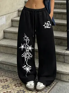 Women's Y2K Star and Heart Spray-painted Wide-leg Sweatpants, Sweet and Cool Style, High-waisted with Drawstring, Loose, Versatile, Street Casual Trousers
