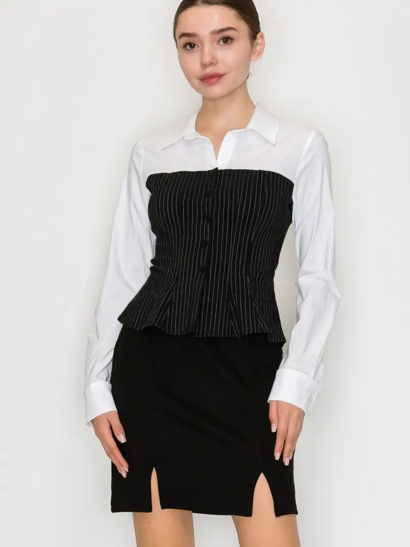 Two Toned Pinstripe Peplum Top