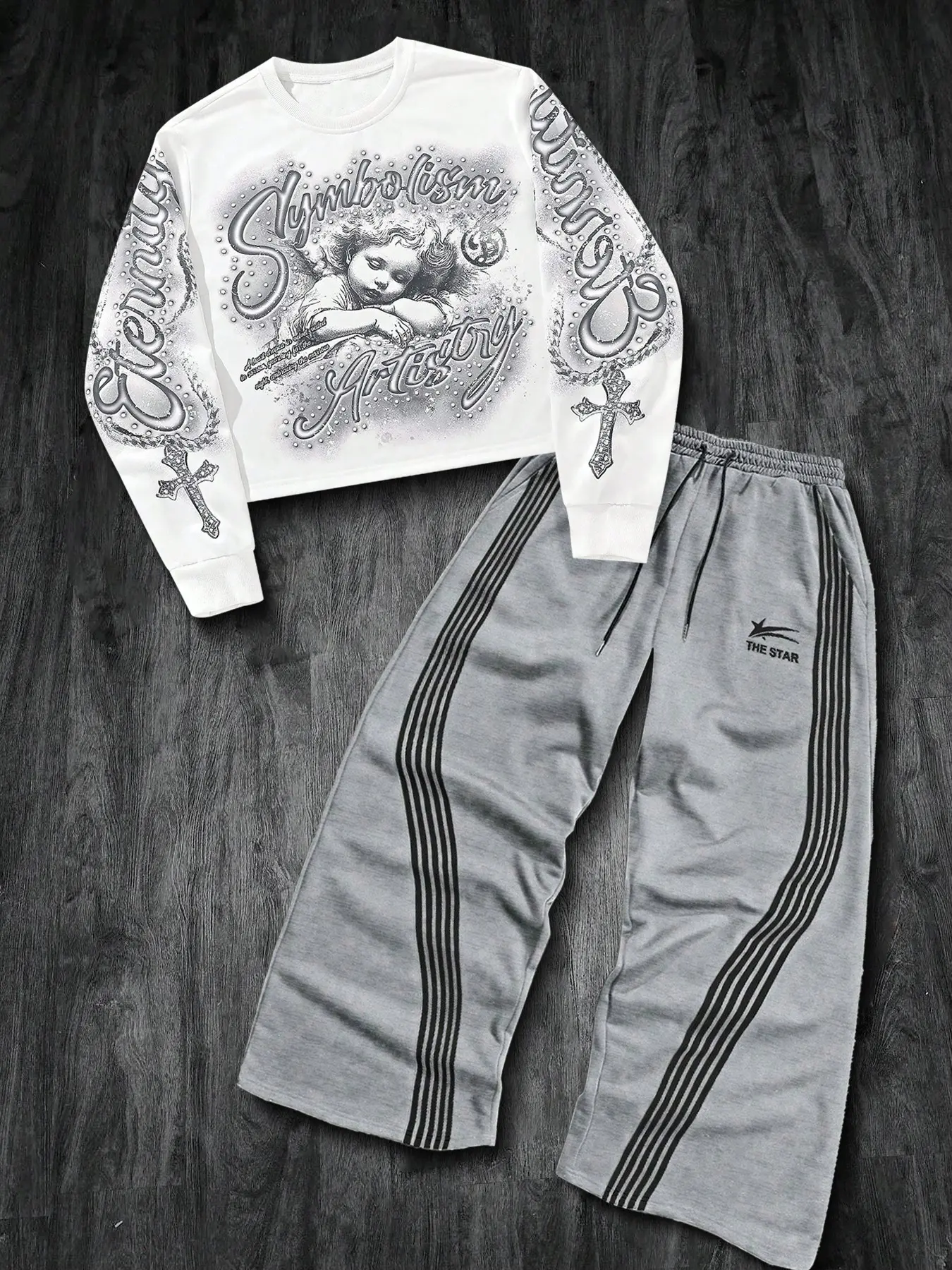 1 Set Oversized Casual Outfit, Men‘s and Women’s Street Fashion with Long Sleeve Angel Print & Striped Joggers, Cozy Matching Set for Lounge, Casual Parties, and Trendy Style